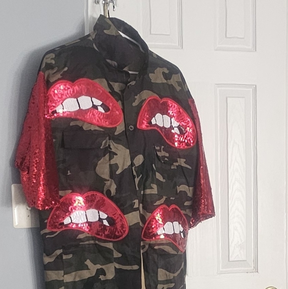 Camouflage Jacket with Red Sequin Lips